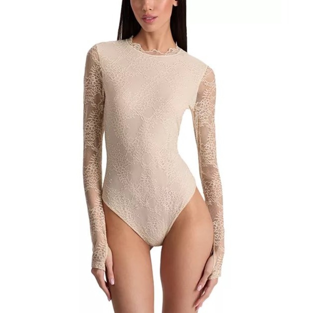 NWT Alice and Olivia Taeyn Lace Crewneck Bodysuit Long Sleeve Cream Off White XL